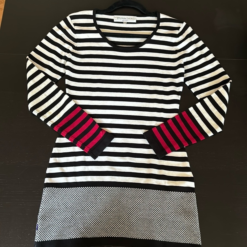 Patrizia Luca Black and White Striped Sweater with Pink Accents